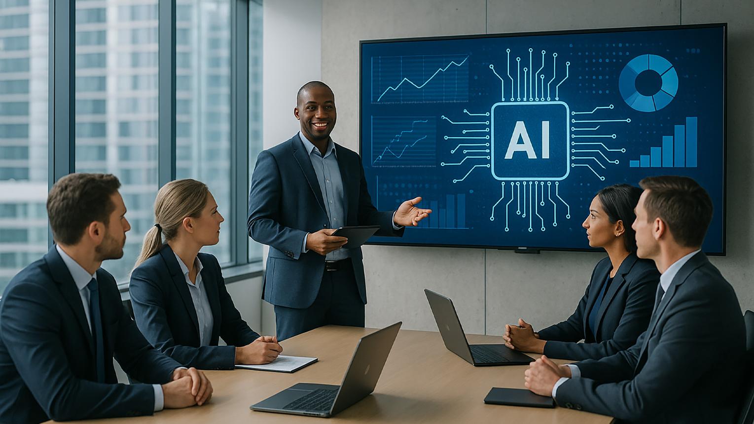 Team reviewing AI automation results in a strategy meeting