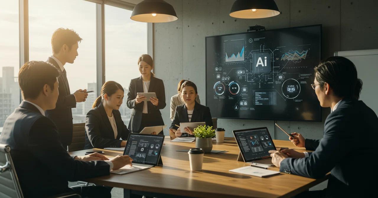 Team analyzing AI-driven analytics on a large screen