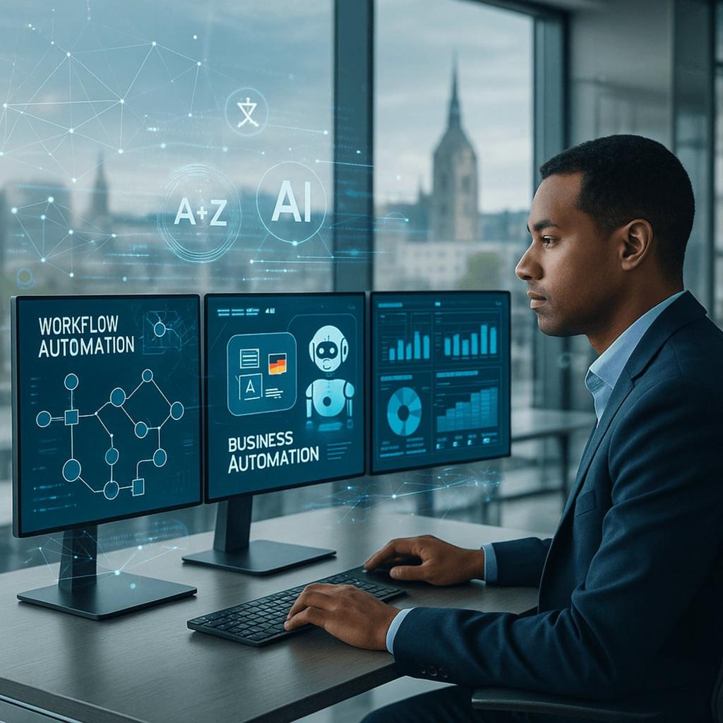 Business owner monitoring workflow automation across two screens