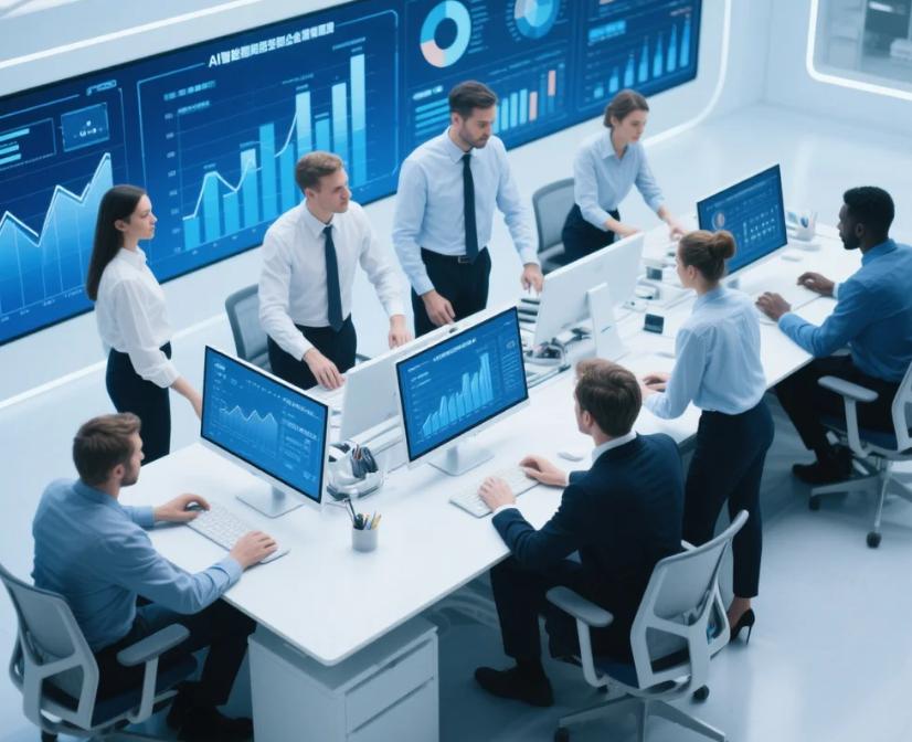 Office team working alongside AI dashboards