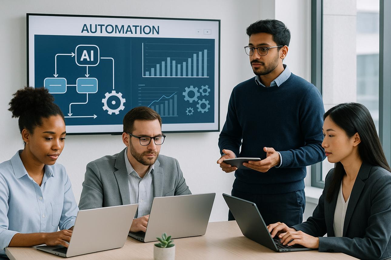 Team huddled around an automation strategy screen